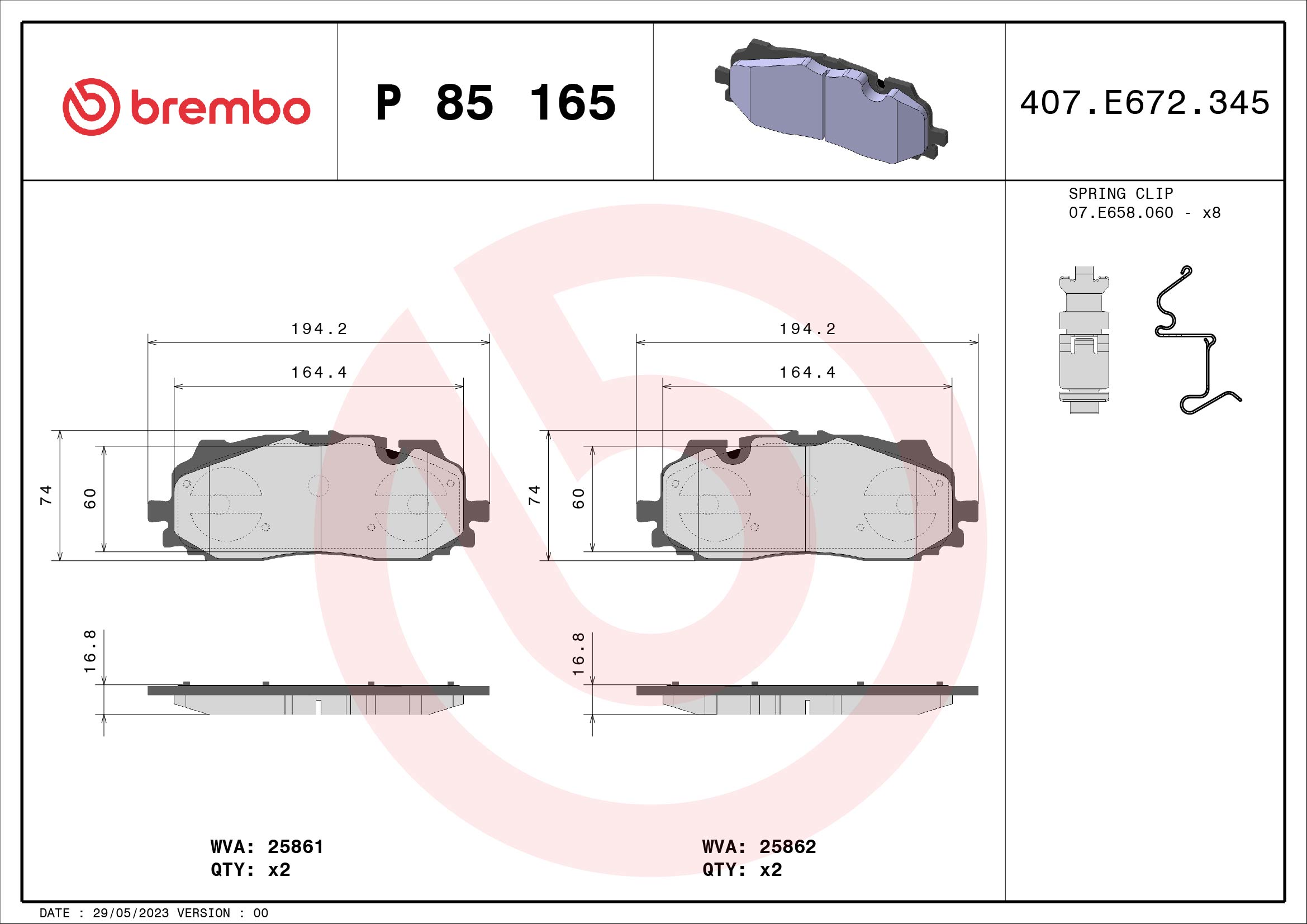 A.B.S. P 85 165 BREMBO Bremsbelagsatz, Scheibenbremse
